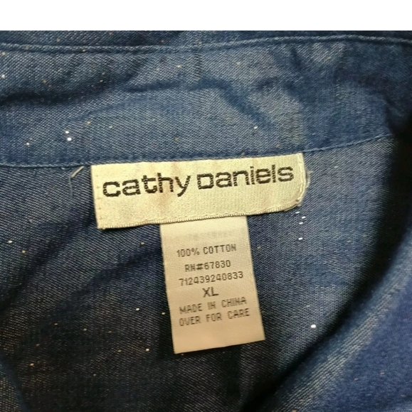 Cathy Daniels Denim Chambray 100% Cotton Button Down Glitter Floral Embroided XL - Picture 3 of 5